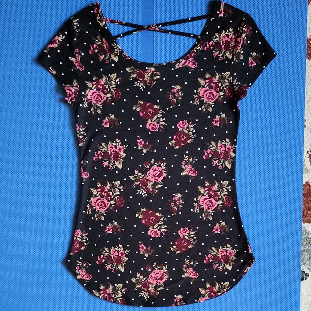 No Boundaries Black and Pink Floral Short Sleeve Top